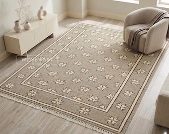 Hand Knotted Star Rug - Geometric Beige Oushak Rug for Living Room and Home Decor