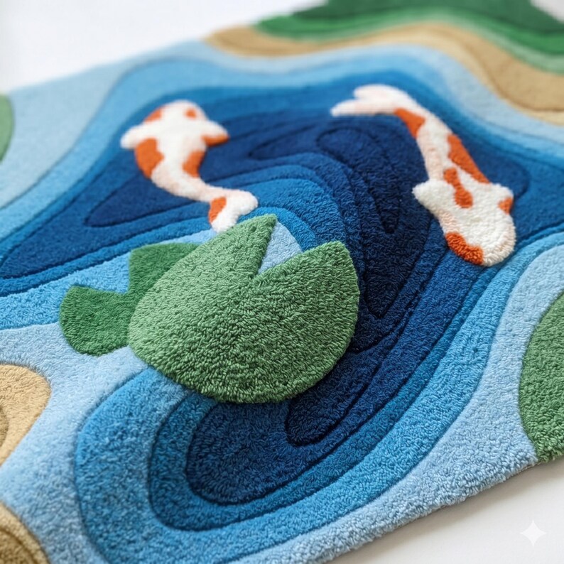 Pond Rug Abstract Koi Fish Wool Rug – Hand Tufted Abstract Pond Area Carpet, Nature ...
