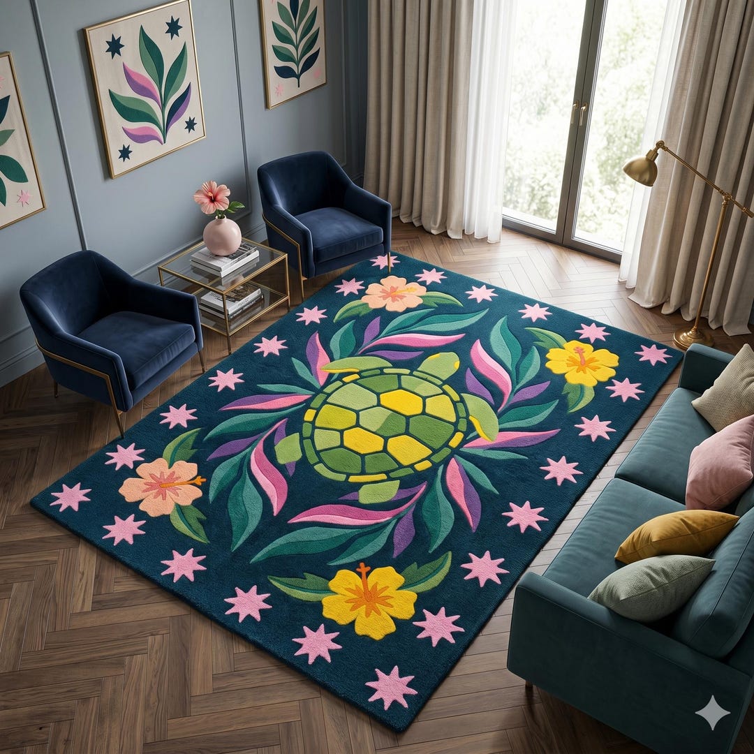 Turtle Wool Rug – Hand Tufted Abstract Floral Rug, Colorful Botanical ...
