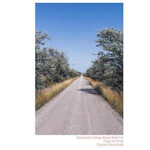 Könnte beinhalten: Eine lange, gerade Schotterstraße erstreckt sich unter einem klaren blauen Himmel in die Ferne. Bäume mit hellgrünem Laub säumen beide Seiten der Straße, mit hohem, trockenem Gras im Vordergrund. Das Bild ist ein Kunstdruck mit dem Text "Gotland Endless Road Wall Art".