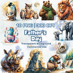 水彩動物のお父さんと赤ちゃんのクリップアート、父の日PNG（商用利用）