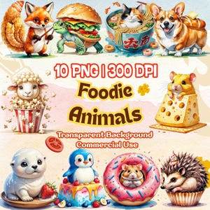 Kawaii voedsel dieren clipart, grappige png-bundel, stickersublimatie, (commercieel gebruik)