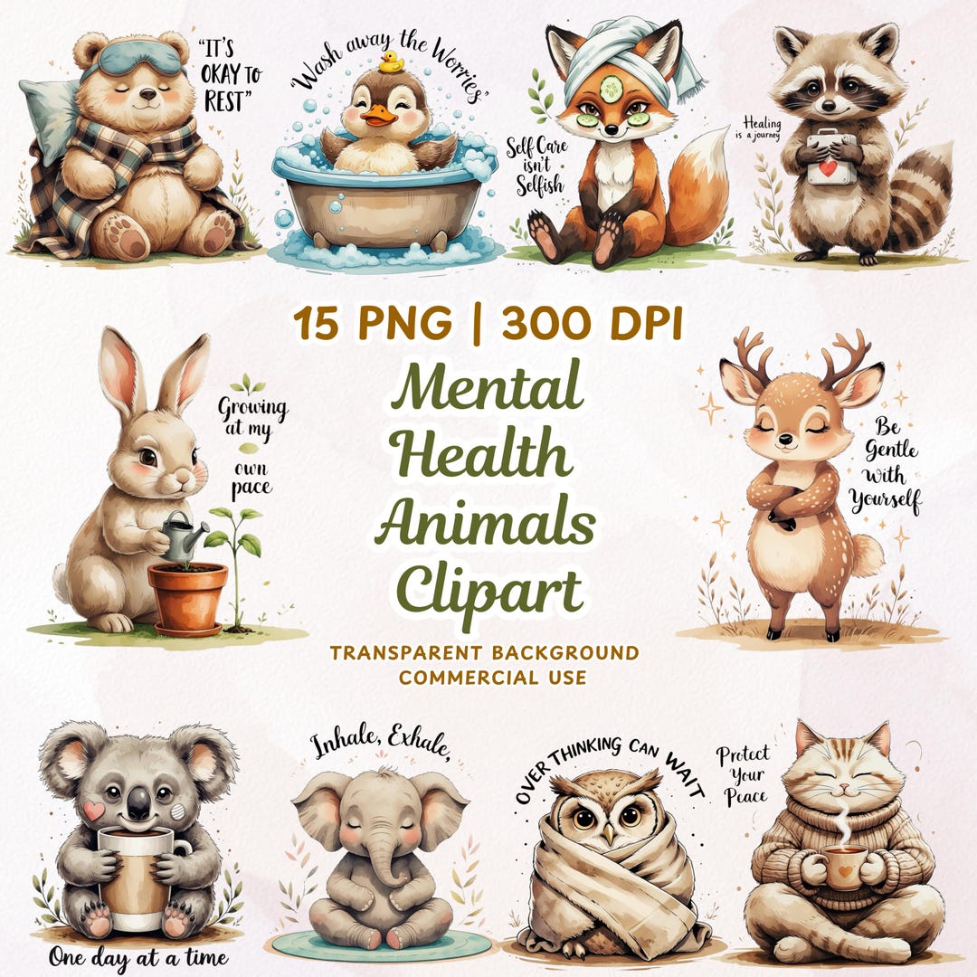 Mental Health Clipart Bundle, Self Care Animal PNG, Positive ...