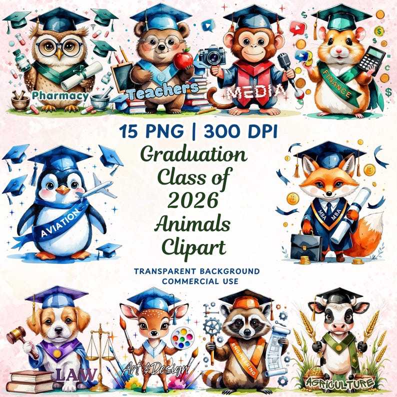 Class of 2026 Graduation PNG, Watercolor Animal Clipart, College Career ...