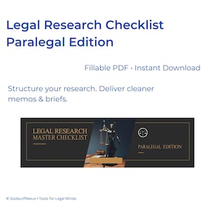 Puede incluir: Un fondo blanco con texto azul que dice "Legal Research Checklist Paralegal Edition". Debajo, dice "Fillable PDF • Instant Download". También hay un gráfico con el texto "Legal Research Master Checklist" y una balanza de la justicia.