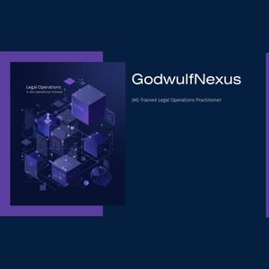 K&ouml;nnte beinhalten: Eine dunkelblaue Grafik mit dem wei&szlig;en Text "GodwulfNexus". Das Bild enth&auml;lt auch den Text "JAG-Trained Legal Operations Practitioner" und "Legal Operations A new operational mindset". Die Grafik zeigt ein geometrisches Design mit blauen und violetten Elementen.