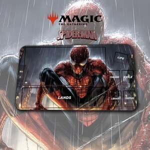May include: A rectangular playmat featuring Spider-Man in a dynamic pose, with the text "MAGIC THE GATHERING" and "SPIDER-MAN" at the top. The mat includes designated zones for gameplay, such as "LANDS" and "LIFE".