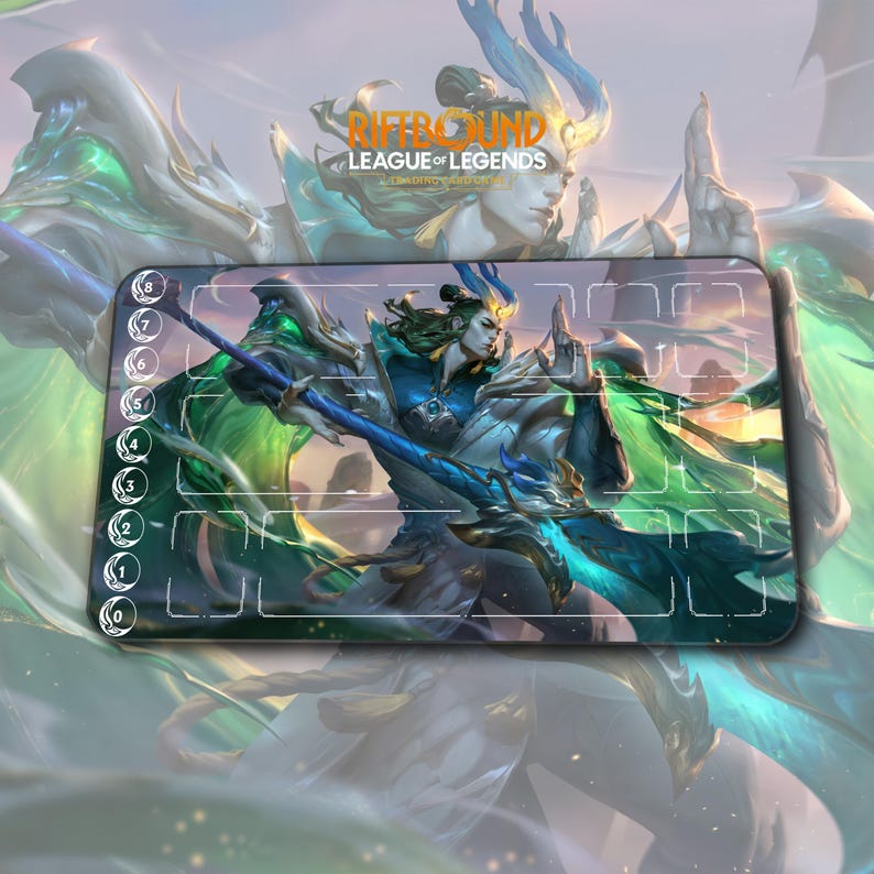 Green/blue Riftbound Background Playmat – Zaheen 1 – Riftbound LOL TCG Game Mat 24x14 Inches ...
