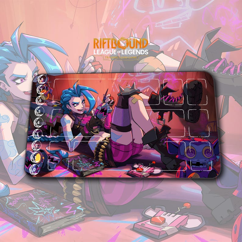 May include: A rectangular gaming mousepad featuring a colorful illustration of a character from League of Legends. The design includes a character with blue hair, a purple robot, and the text "RIFTBOUND LEAGUE OF LEGENDS".