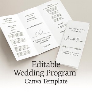 May include: A white wedding program template with black text, featuring a trifold design and a separate folded card. The program includes text in a foreign language, with the names "Anna & Thomas" and the date "Lørdag 29 Mai 2026". The words "Editable Wedding Program Canva Template" are at the bottom.