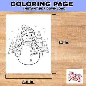 K&ouml;nnte beinhalten: Eine Schwarz-Wei&szlig;-Malvorlage mit einem Schneemann mit Hut, Schal und Kn&ouml;pfen. Die Seite ist mit "COLORING PAGE" und "INSTANT PDF DOWNLOAD" beschriftet. Die Abmessungen betragen 21,59 x 27,94 cm.
