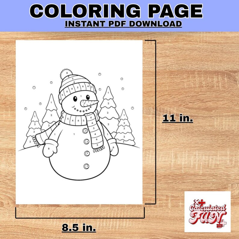 K&ouml;nnte beinhalten: Eine Schwarz-Wei&szlig;-Malvorlage mit einem Schneemann mit Hut, Schal und Kn&ouml;pfen. Die Seite ist mit "COLORING PAGE" und "INSTANT PDF DOWNLOAD" beschriftet. Die Abmessungen betragen 21,59 x 27,94 cm.