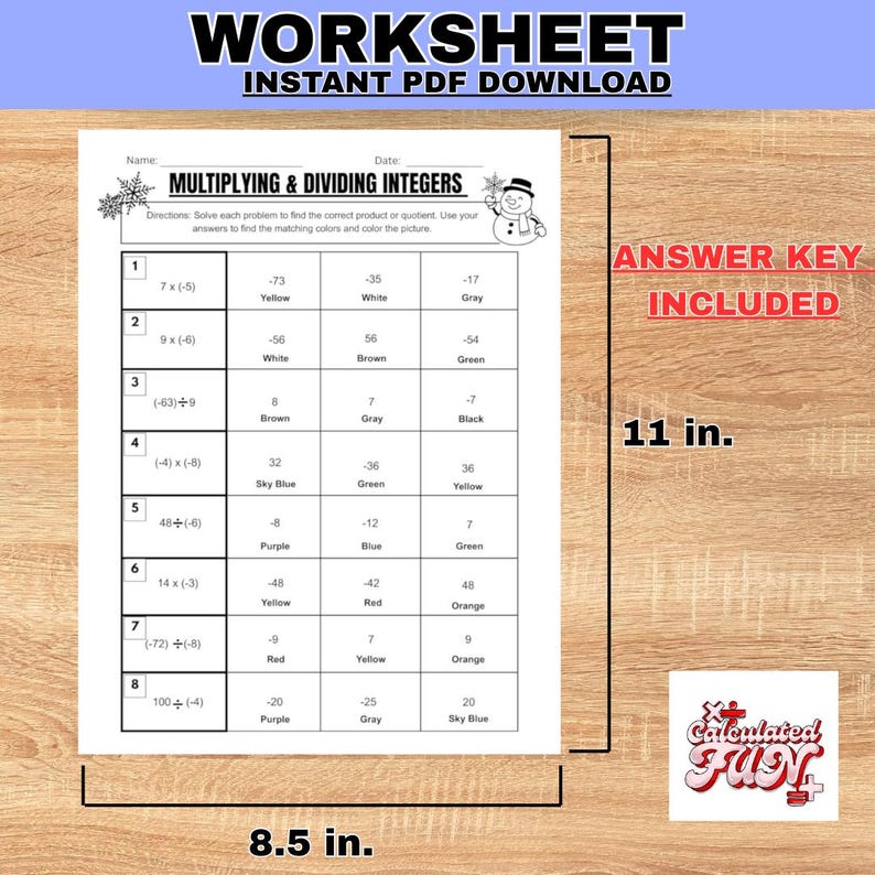 K&ouml;nnte beinhalten: Ein Arbeitsblatt zum Multiplizieren und Dividieren von ganzen Zahlen, mit einem enthaltenen Antwortschl&uuml;ssel. Das Arbeitsblatt ist 21,59 cm breit und 27,94 cm hoch. Der Text "WORKSHEET" und "INSTANT PDF DOWNLOAD" stehen oben.