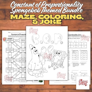May include: Educational worksheets featuring Spongebob Squarepants. The bundle includes a maze, colouring pages, and a joke sheet. The worksheets feature characters like Spongebob and Patrick, and the text "Constant of Proportionality".