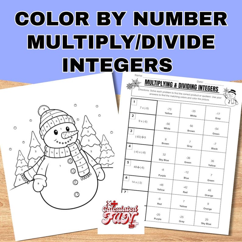 K&ouml;nnte beinhalten: Ein Arbeitsblatt zum Ausmalen nach Zahlen zum Multiplizieren und Dividieren von ganzen Zahlen. Das Arbeitsblatt zeigt eine Schneemann-Illustration und eine Tabelle mit mathematischen Problemen und Farbschl&uuml;sseln. Der Text "COLOR BY NUMBER MULTIPLY/DIVIDE INTEGERS" steht oben.