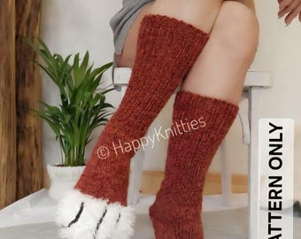 Meias com estampa de pata de raposa em tricô – Meias vermelhas e brancas com biqueira de pelúcia (Download em PDF) Tutorial em vídeo