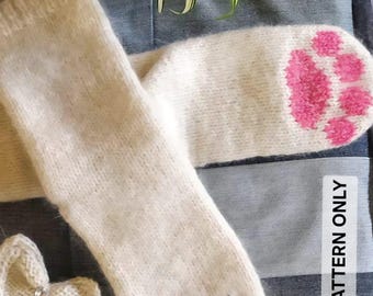 Meias de tricô com estampa de pata de gato branca – Tutorial em vídeo em PDF para pantufas aconchegantes com estampa de pata rosa