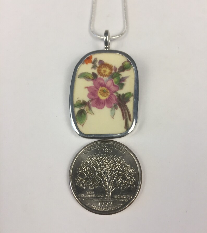 Broken China Jewelry Sterling Sliver Pendant OOAK,Flowers Multicolored
