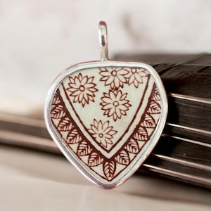 Broken China Sterling Silver Floral Pendant Necklace: Antique Brown Flower Jewelry