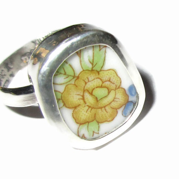 Broken China Ring, Sterling Silver, Yellow Flower, Any Size, OOAK, China Shard, Pottery, Chaney, Spring