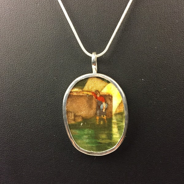 Broken China Jewelry, Pendant. Sterling Silver Vintage "BOY In THE POND "