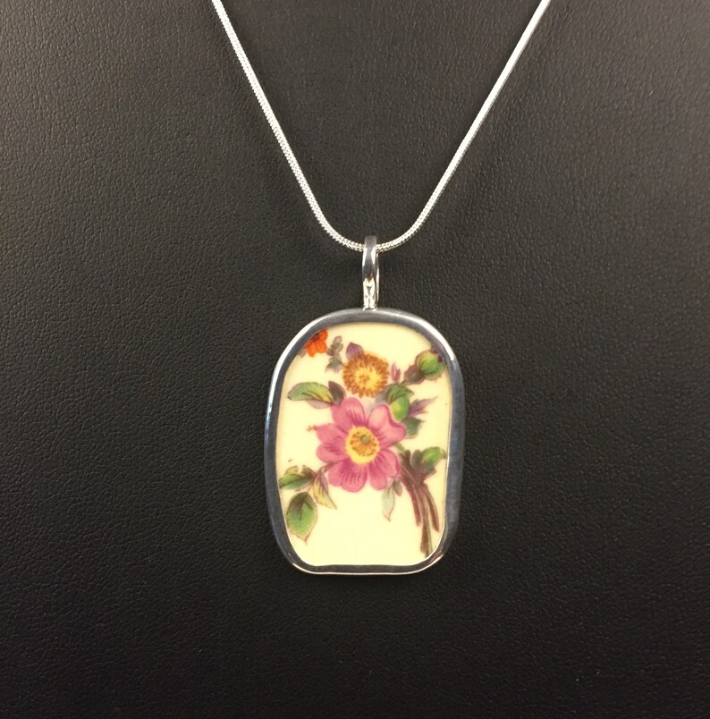 Broken China Jewelry Sterling Sliver Pendant OOAK,Flowers Multicolored