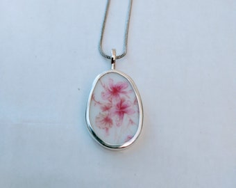 Broken China Jewelry, Pendant. Sterling Silver , OOAK, Pink Flowers A 105