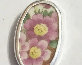 Broken China Jewelry, Pendant.sterling Silver , OOAK, Pink Flowers