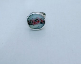 Broken China Ring Sterling Silver Hand Made PINK FLOWERS  A 232