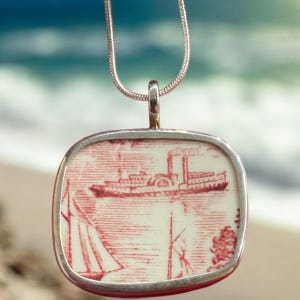 Broken China Jewelry, Pendant. Sterling  "Currier and Ives Hudson River Crow Nest 1907" A 251