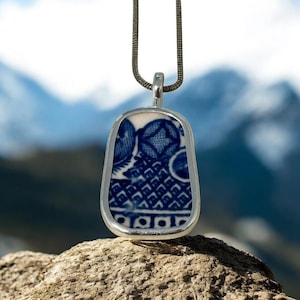 Broken China Sterling Silver Pendant Antique Blue willow &quot;PATTERN&quot; Unique Necklace Gift For Her A 871