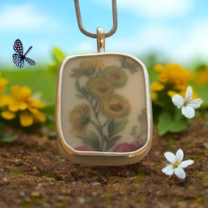 Sterling Silver Broken China Pendant: Floral Flower Necklace