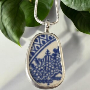 Broken China Sterling Silver Pendant Antique Blue Willow TREE AND TEMPLE&quot; Unique Necklace Gift For Her  Broken China  Jewelry A 689