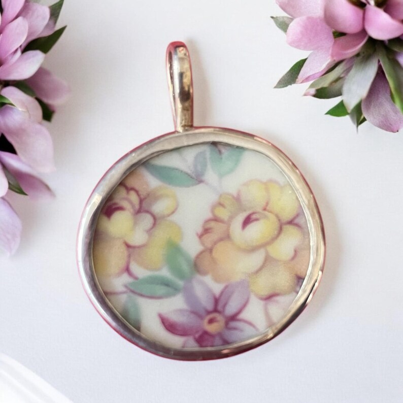 Sterling Silver Broken China Pendant Flowes Floral Necklace Haviland