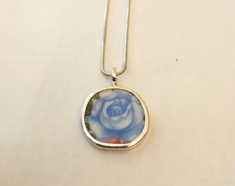 Broken China Jewelry, Pendant. Sterling Silver, "BLUE ROSE " A 367