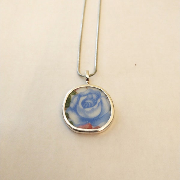 Broken China Jewelry, Pendant. Sterling Silver, "BLUE ROSE " A 367