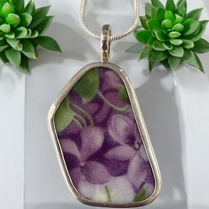 Broken China Pendant: Sterling Silver Purple Floral Necklace