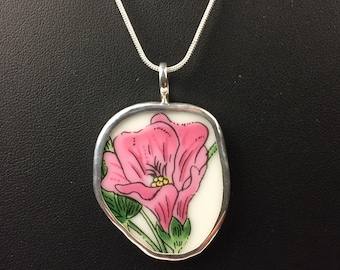 Broken China Jewelry, Pendant. Sterling "RED FLOWER"