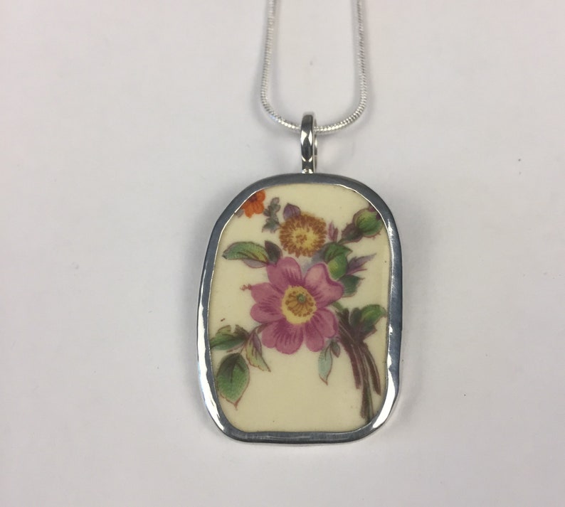 Broken China Jewelry Sterling Sliver Pendant OOAK,Flowers Multicolored