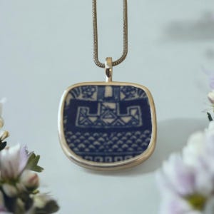 Broken China Sterling Silver Pendant Antique Blue willow &quot;PATTERN&quot; Unique Necklace Gift For Her A 762