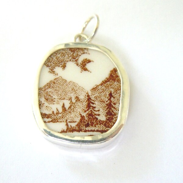 Broken China Chaney Sterling Silver Pendant  Brown Lanscape