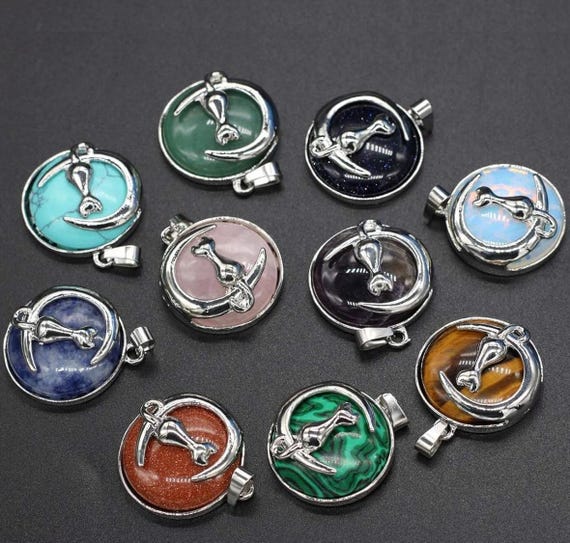 Natural Stone Pendant with Silver Cat Detail