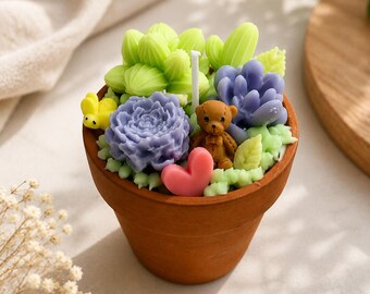 Succulent Teddy Bear Candle | Handmade Plant Pot Candle | Cute Decorative Candle | Cottagecore Home Decor | Unique Gift for Her