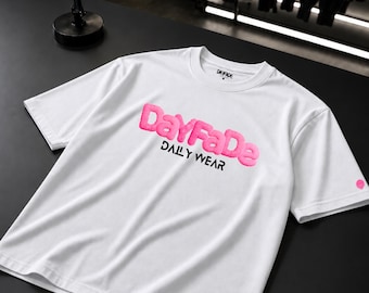 White Streetwear T-Shirt, Pink Logo Tee, Unisex Urban Shirt, Dayfade Daily Wear