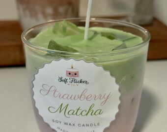 Strawberry Matcha Soy Wax Candle | Handmade Dessert Candle | Matcha Latte Candle | Cute Food Candle | Strawberry Candle | Gift for Her