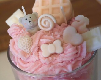 Pink Waffle Dessert Candle | Cute Bear Candle | Whipped Wax Candle | Kawaii Food Candle | Handmade Gift