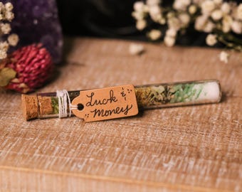 May include: A glass vial filled with layers of dried herbs and white crystals, sealed with a cork and tied with twine. A small tag reads "Luck & Money". The vial is set on a wooden surface, with dried flowers in the background.