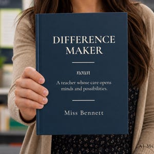 Op de afbeelding: Een donkerblauw hardcover boek met witte tekst: DIFFERENCE MAKER, noun, A teacher whose care opens minds and possibilities, Miss Bennett. De boekomslag heeft een strak, gecentreerd ontwerp met horizontale lijnen boven en onder het woord noun.