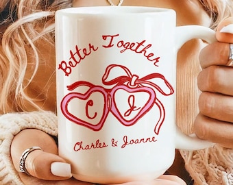 Personalized Heart Mug for Couples, Custom Names Coffee Cup, Engagement Gift, Wedding Mug, Romantic Gift for Fiancé or Bride