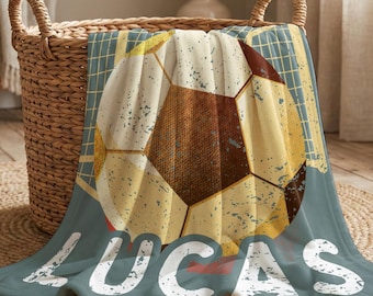 Personalized Retro Soccer Blanket, Custom Sherpa Fleece Blankets, Soccer Lovers Birthday Gift, Soccer gift from mom and dad